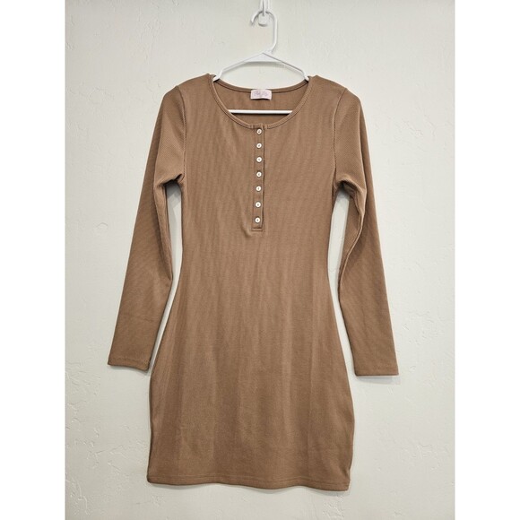 Pink Lily Dresses & Skirts - Pink Lily Women’s Tan Ribbed Long Sleeves Mini Dresses Size Small